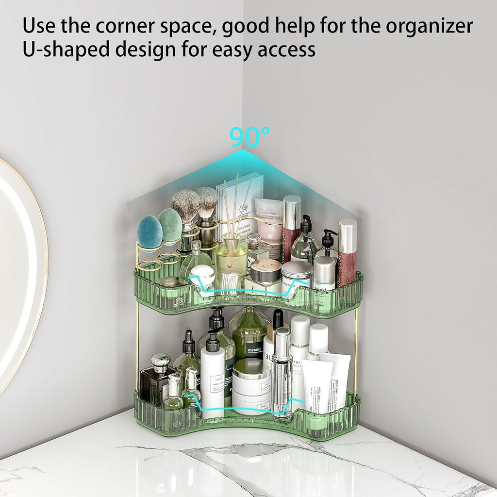 2 Tier Corner Bathroom Organizer Countertop, Vanity Makeup Organizer with Brush Holder, Space-Saving Skincare Storage Corner Shelf for Bathroom, Dressing Table, Kitchen