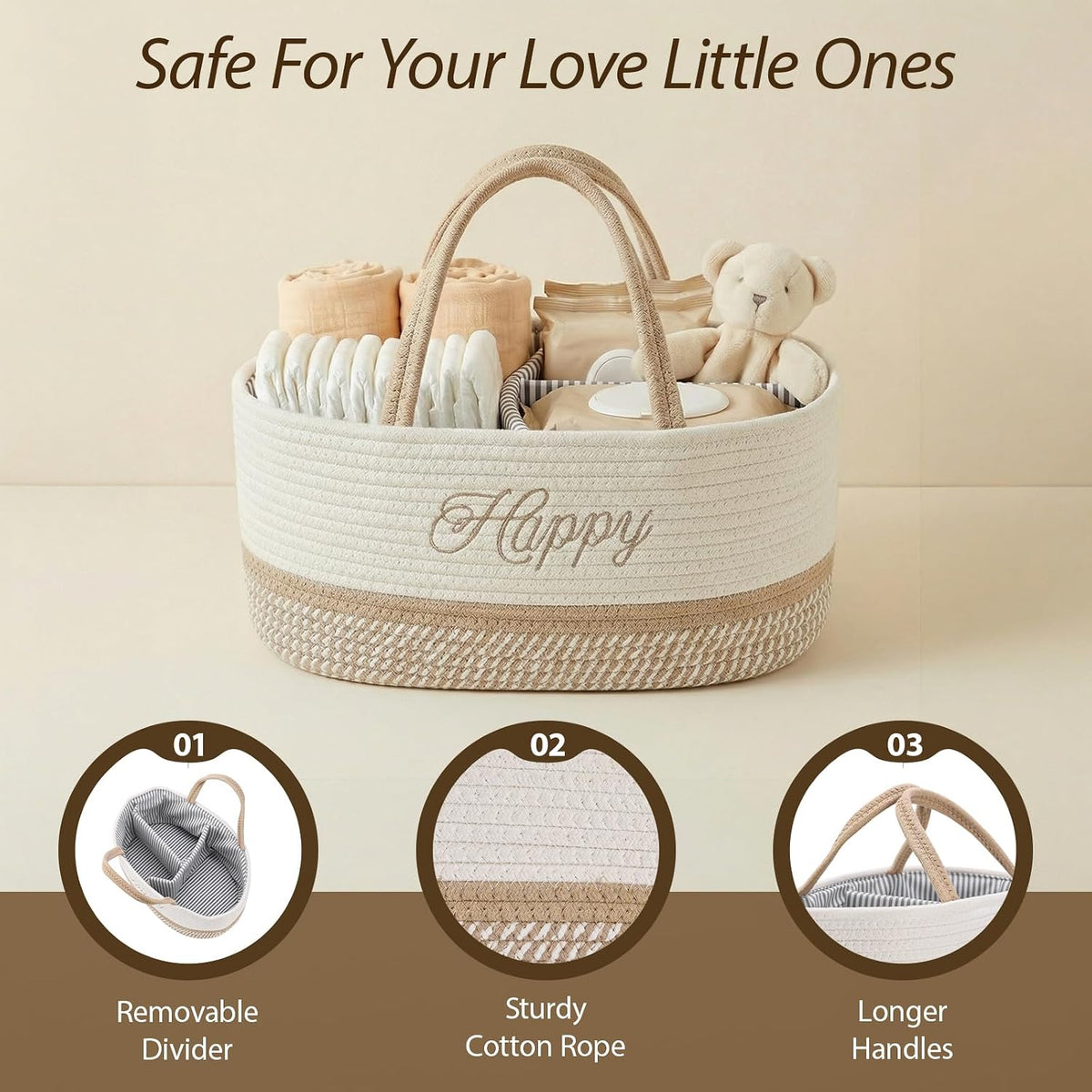 DUHEL Diaper Caddy Organizer with Handle(White Khaki-Happy)