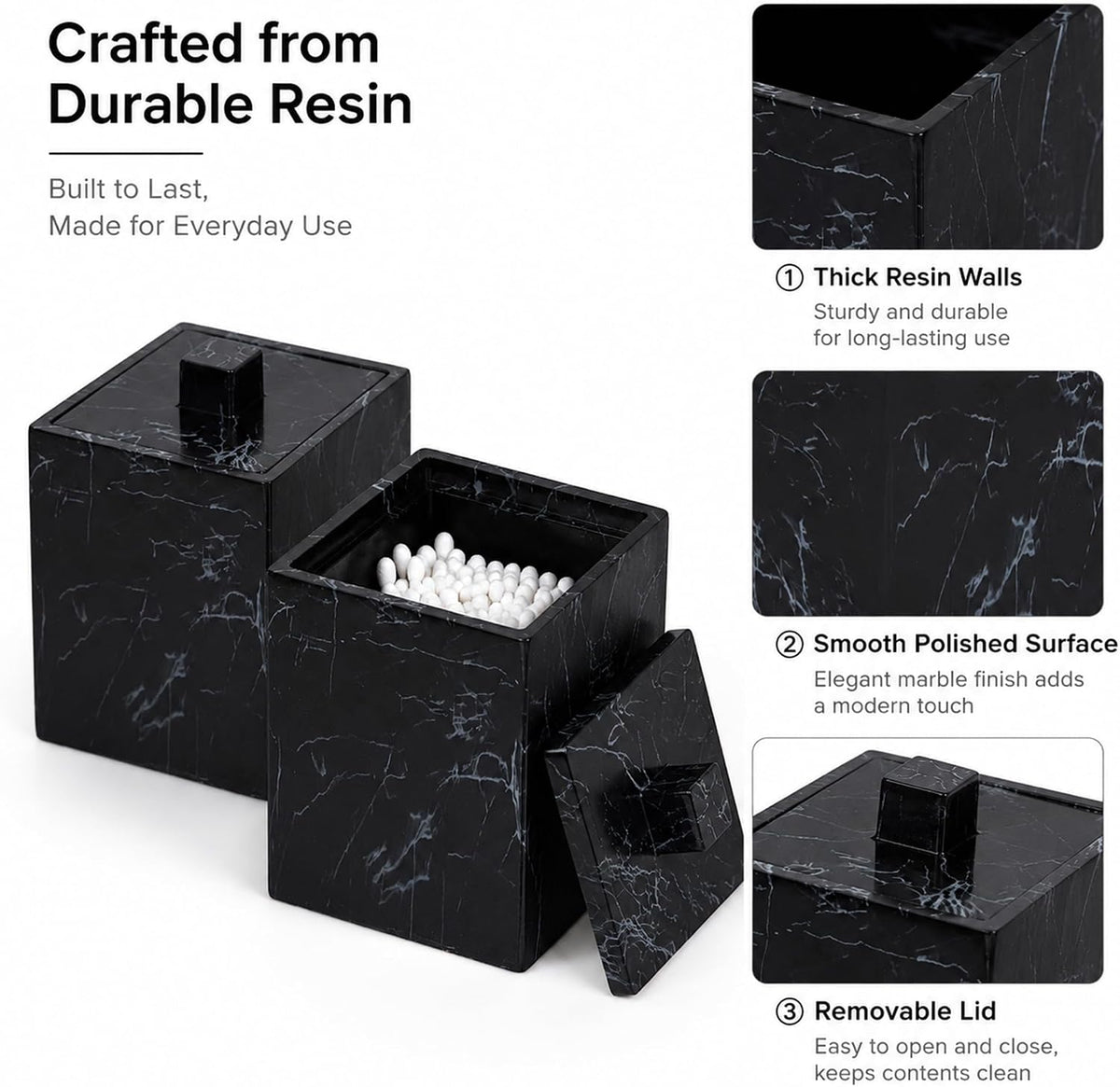 2-Pack Marble Pattern Cotton Swab Holders with Lids, Resin Bathroom Vanity Storage Jars, Square Qtip Containers for Cotton Balls, Pads, and More (Black)