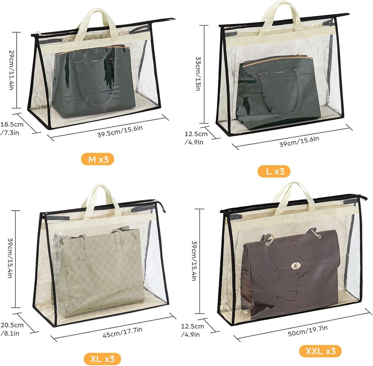 12 Packs Dust Bags for Handbags, Clear Handbag Storage, Purse Storage Organizer for Closet, Purse Cover Hanging Closet Organizer with Zipper and Handles