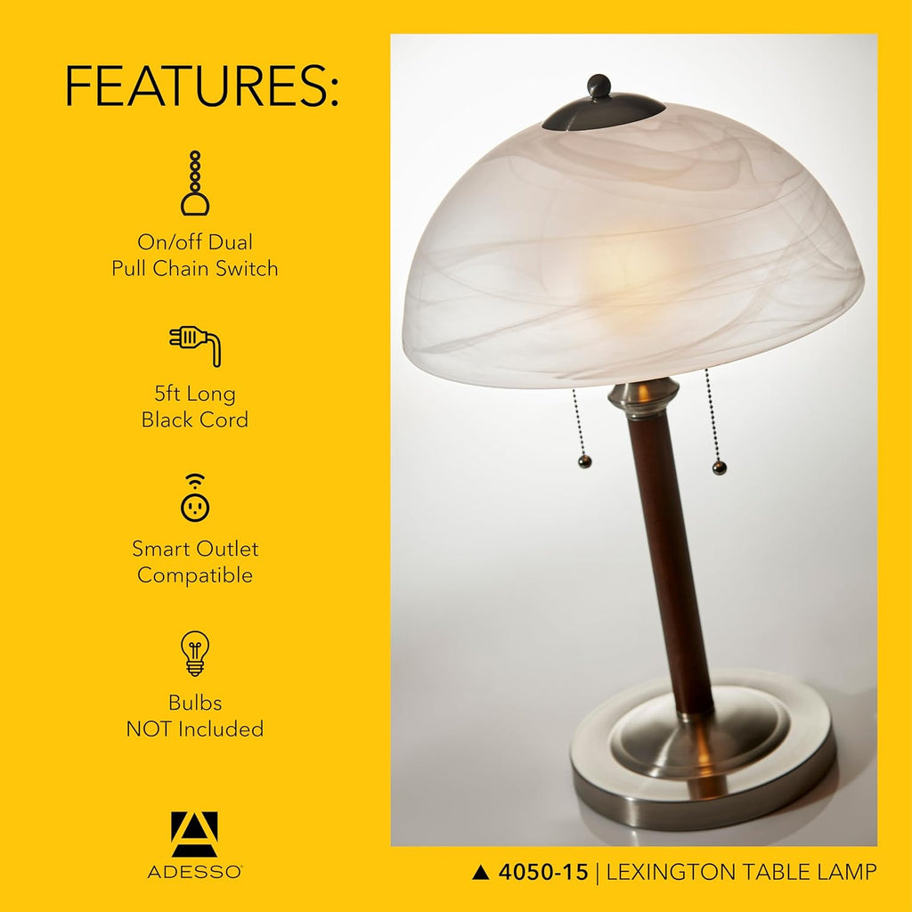 Adesso 2-Light Table Lamp, Walnut & Frosted Glass, Dual Pull Chains, 22.5”
