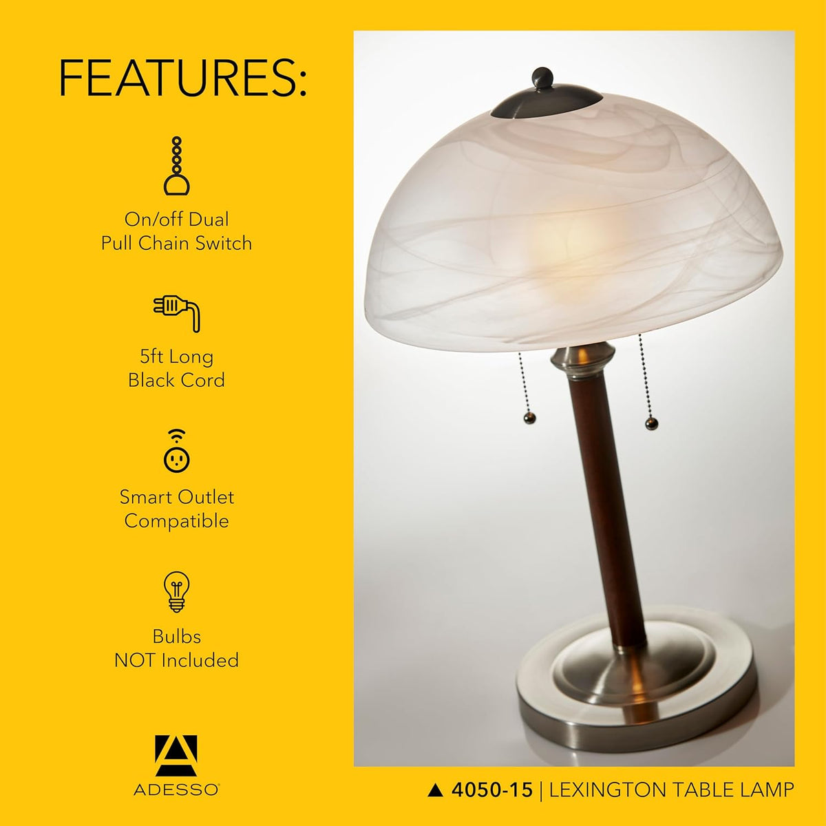 Adesso 2-Light Table Lamp, Walnut & Frosted Glass, Dual Pull Chains, 22.5”