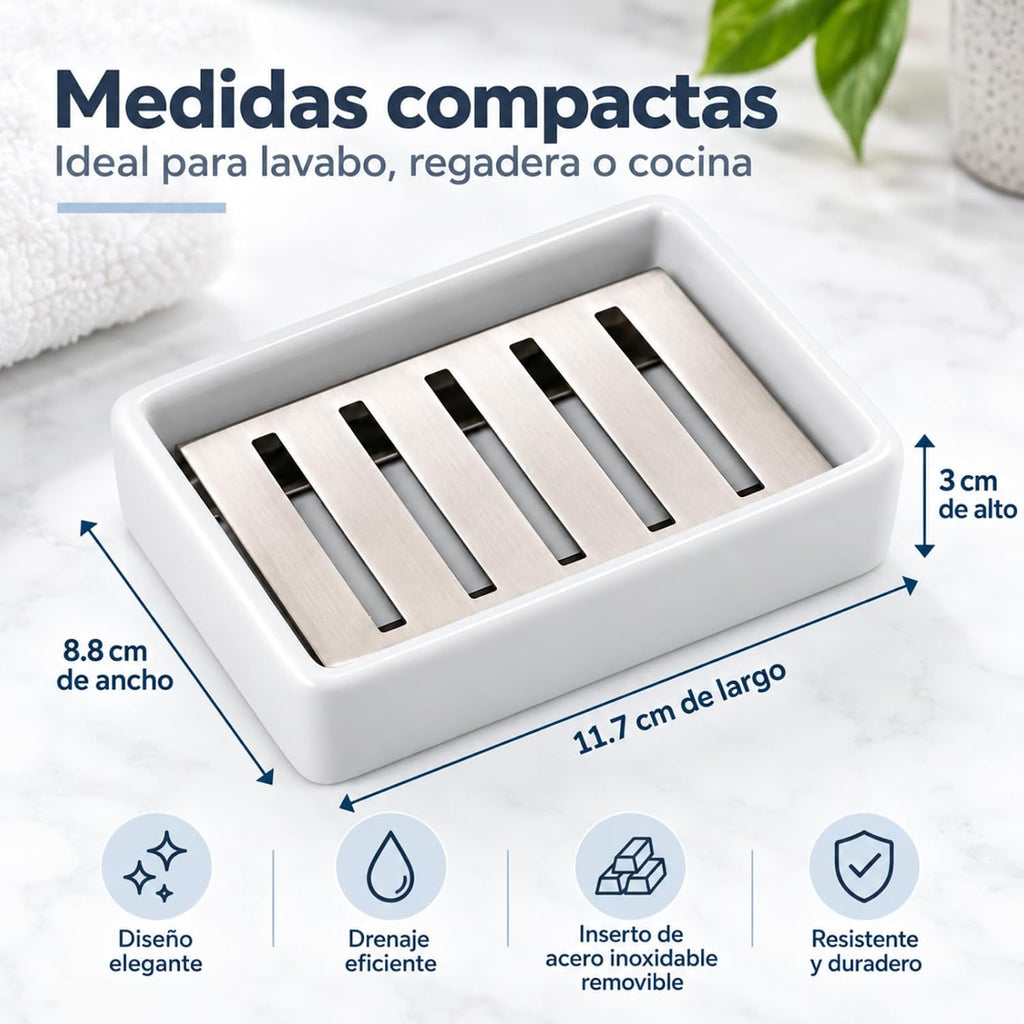 TOPSKY Ceramic Soap Dish Holder Stainless Steel for Bathroom, Double Layer, Self-draining Soap Tray, Say No to Mushy Soap, Easy Cleaning. (White)