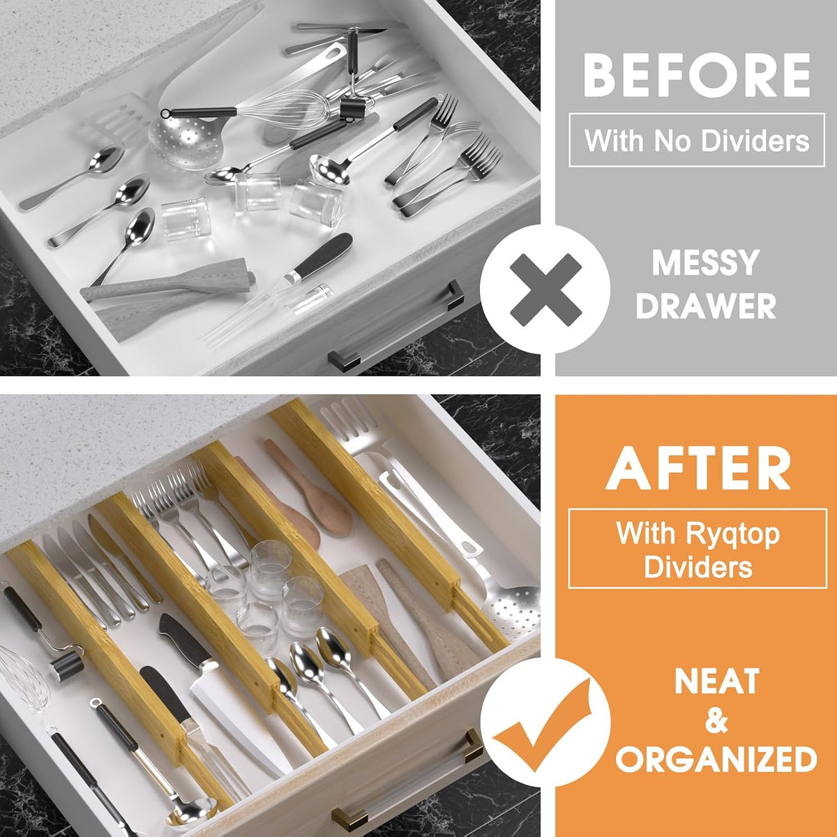 Bamboo Drawer Dividers, Adjustable Drawer Organizers, Fits 17.6–21" Drawers