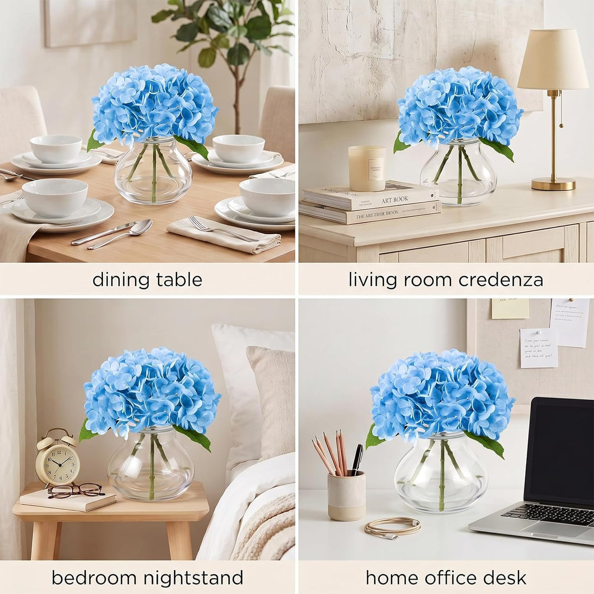 Hydrangea Artificial Flowers with Vase, 3-Head Silk Fake Flowers