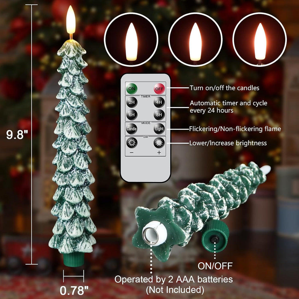 Christmas Tree Candles, Flameless Taper Candles with Frosted Green