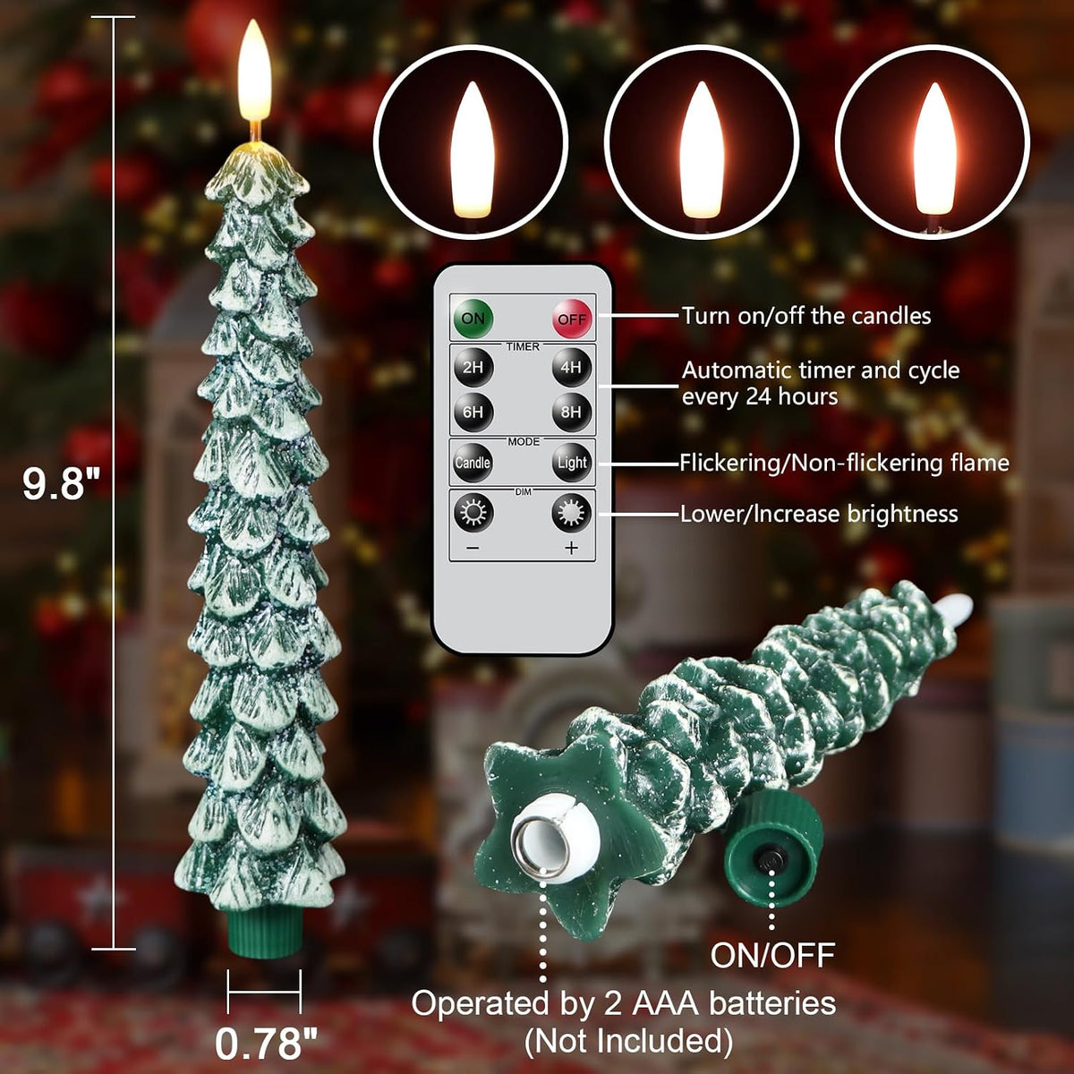 Christmas Tree Candles, Flameless Taper Candles with Frosted Green