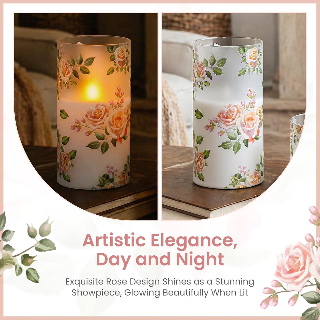Pink Rose Flameless LED Pillar Candles with Remote, Pack of 3 Glass Shell Flickering Electric 3D Wick Warm Light Real Wax Battery Operated Fake Timer Lighting, 3" x 4" 5" 6" Home Decor
