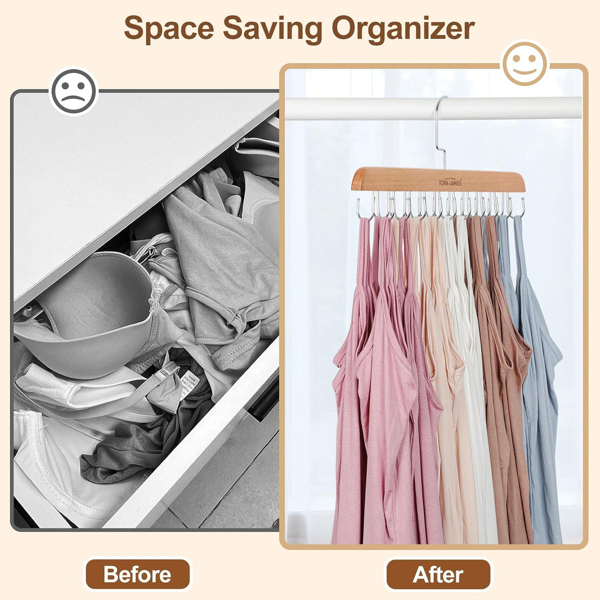TOPIA HANGER 2 Pack Bra Hanger for Closet, Premium Wooden Tank Top Hangers