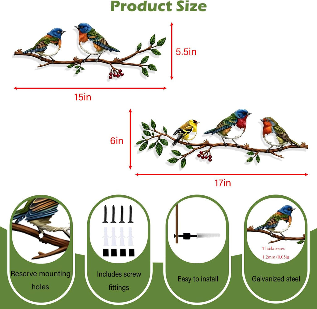 Harikikochuu 2 Pcs Metal Birds Wall Art Decor Robin Bird on the Branch Silhouette Art Metal Decorative Birds Hanging Wall Sculpture for Outdoor Balcony Garden Porch Décor (Colorful B)