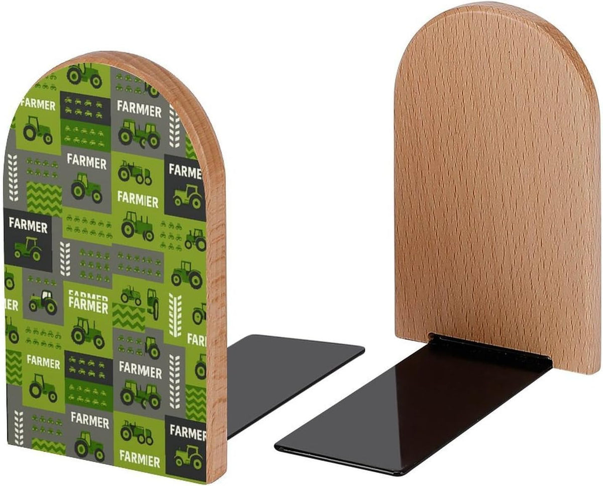 Farm Green Tractor Tracks Book Ends Decorative Wood Bookends for Shelves Kids Room Desk Home Office Book Stoppers for Magazines,Books, DVDs, 1 Pair/2 Pieces(5x3.1 in)