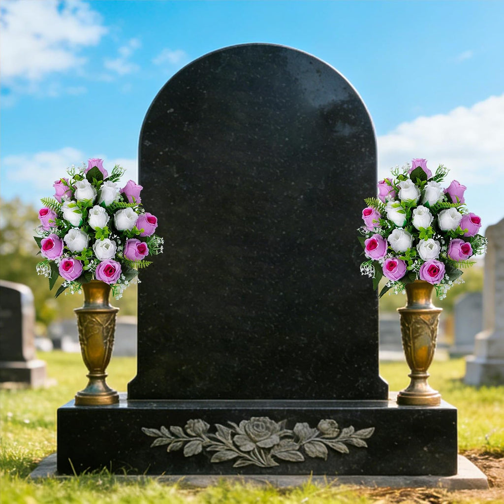 Set of 2 Artificial Cemetery Flowers with Vase, Artificial Grave Flowers Outdoor Memorial Rose Bouquets for Cemetery Headstone Graveyard Decor (Pink White)