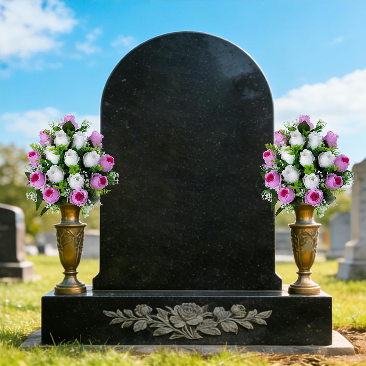 Set of 2 Artificial Cemetery Flowers with Vase, Artificial Grave Flowers Outdoor Memorial Rose Bouquets for Cemetery Headstone Graveyard Decor (Pink White)
