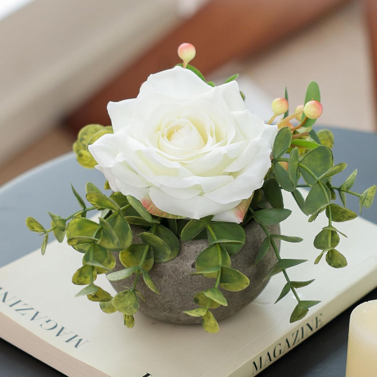 mizii DIY Small Artificial Flowers Potted Kit Fake Flower Realistic Silk Rose and Greenery with Vase for Gifts Table Centerpiece Mantle Office Desk Shelves Living Room Decorations (White)