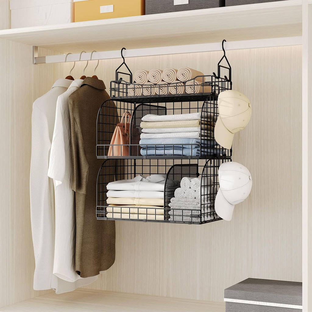 HapiRm Hanging Closet Organizer Storage - 3 Tier Metal Stackable Hanging Closet Shelves with Dividers and S Hooks, Foldable Clothes Shelves for Clothes, Pants, Shoes, Coat, Hats Clutches Accessories