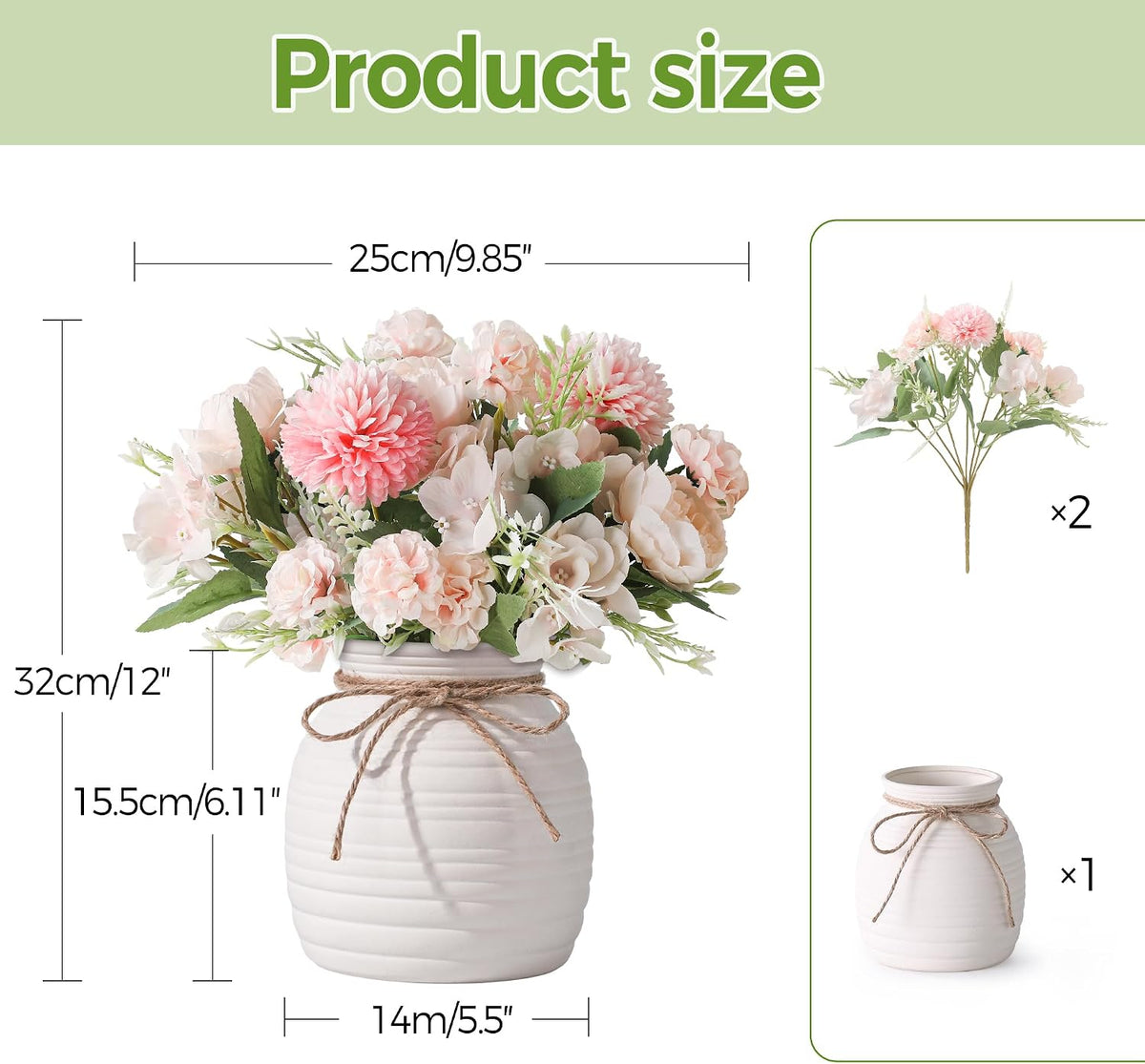 Artificial Flowers with Ceramic Vase, Faux Silk Peony & Hydrangea Bouquet