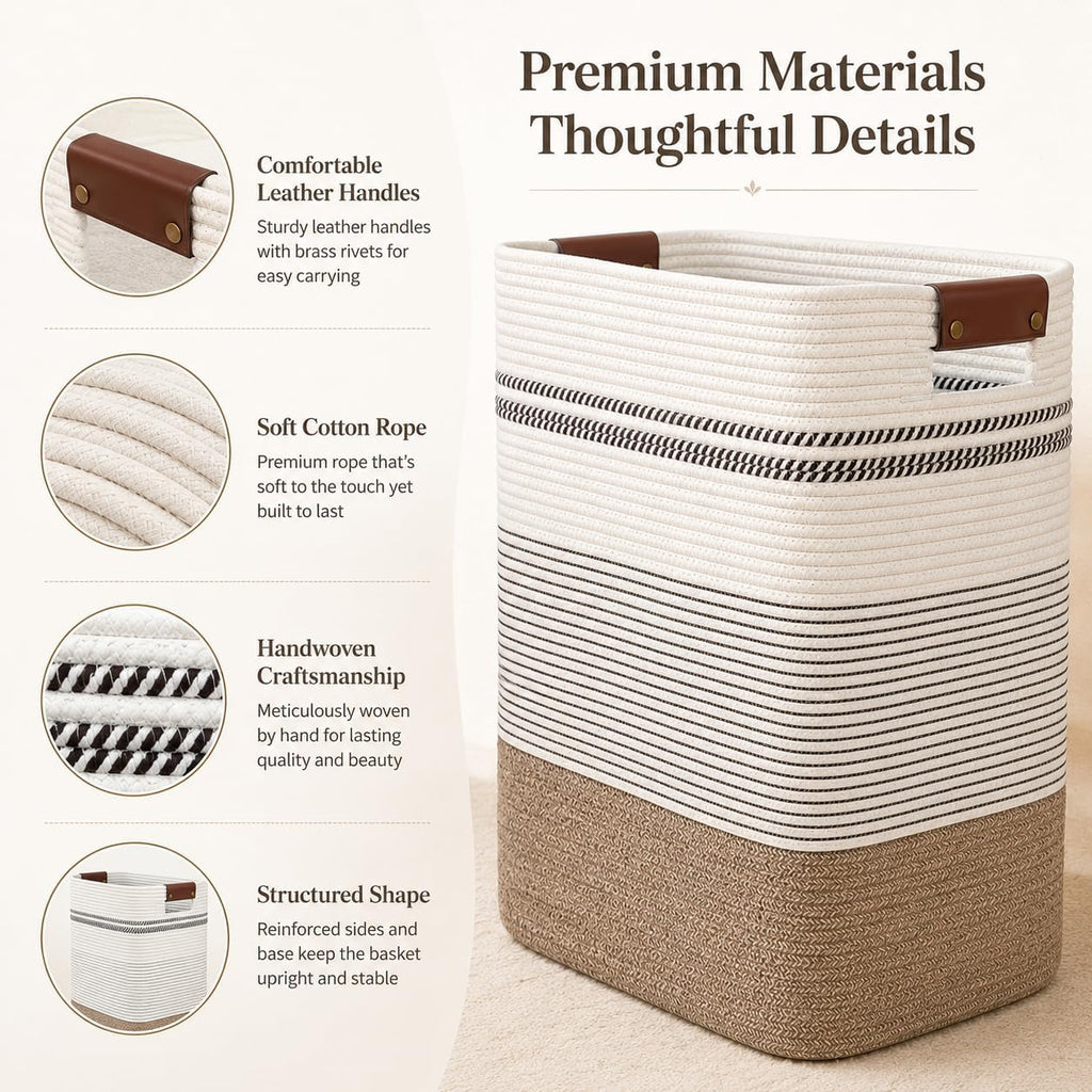 Laundry Hamper, Cotton Rope Laundry Basket with Leather Handles, 22.5-Gallon/85 L Large Clothes Hampers for Laundry, Woven Laundry Baskets for Blankets, Clothing, Bedroom, Living Room, Nursery