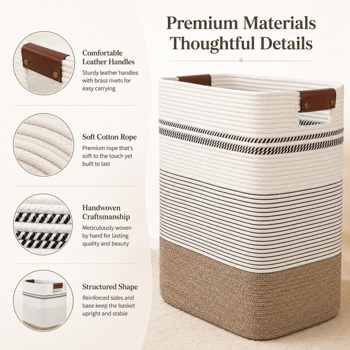 Laundry Hamper, Cotton Rope Laundry Basket with Leather Handles, 22.5-Gallon/85 L Large Clothes Hampers for Laundry, Woven Laundry Baskets for Blankets, Clothing, Bedroom, Living Room, Nursery