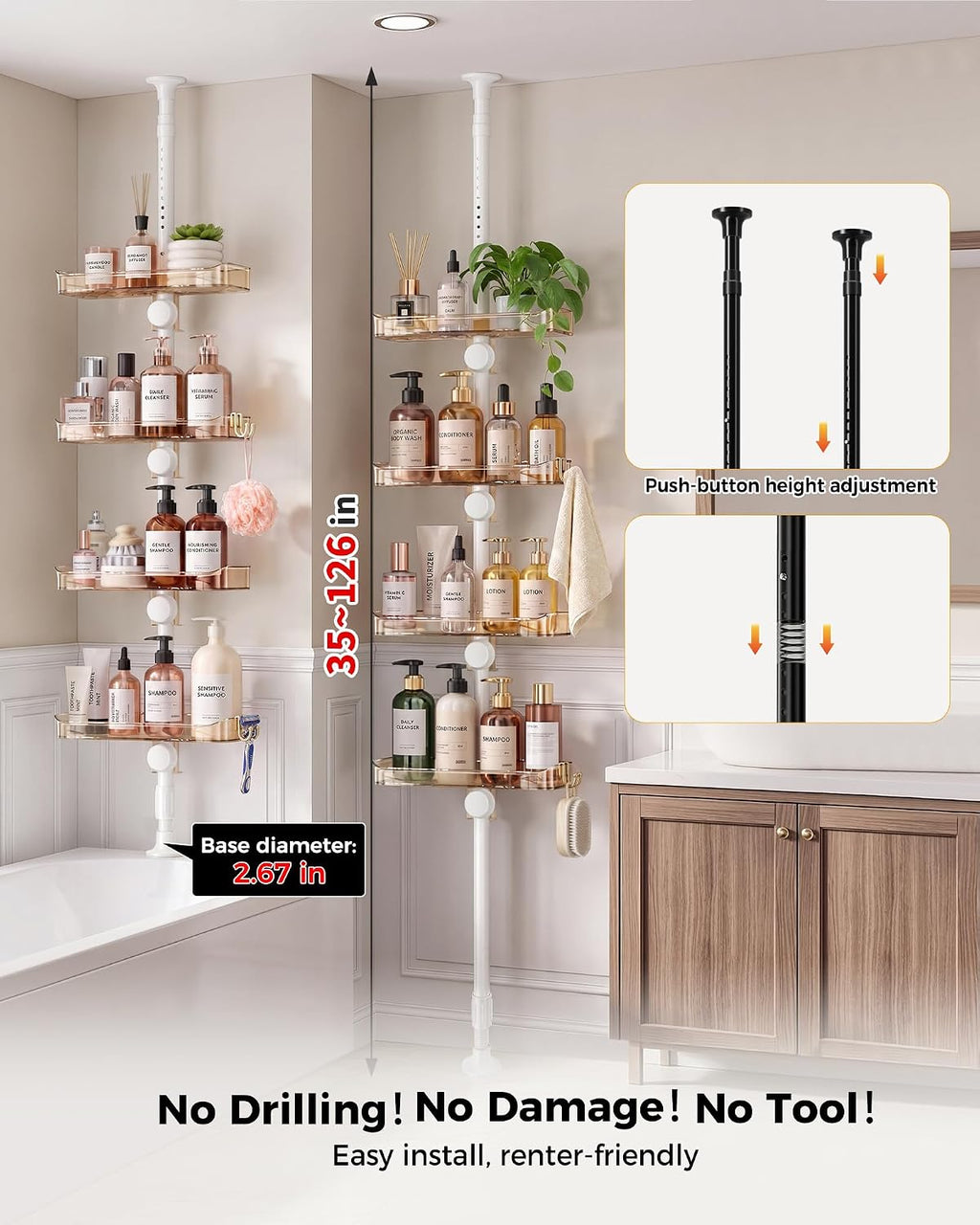 Shower Caddy Tension Pole, Bathroom Organizer Shelves, Amber
