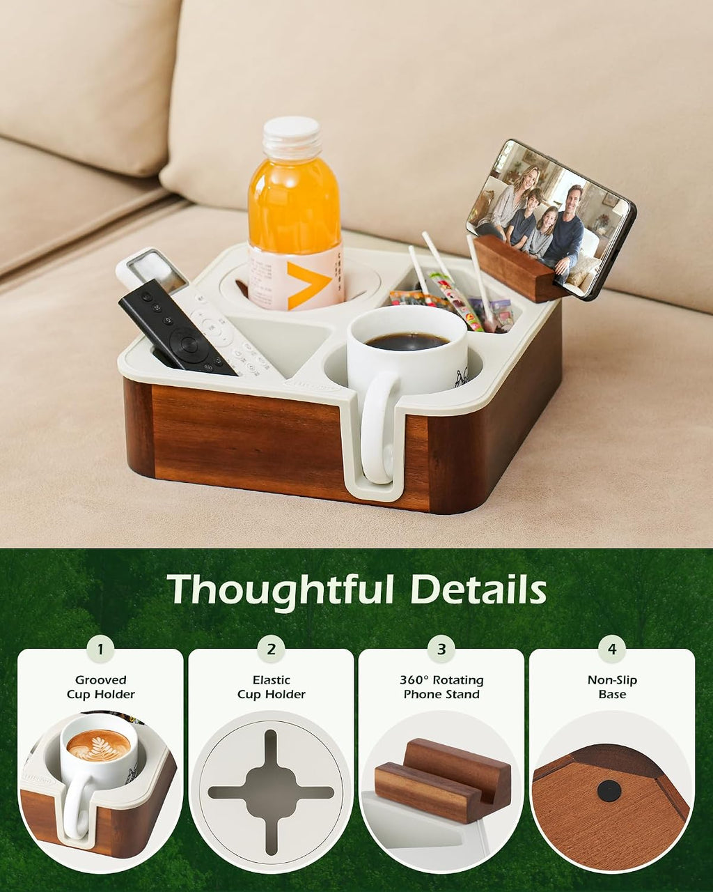 Couch Cup Holder Tray, Acacia Wood Couch Caddy With Cup Holder, Slotting Non-Slip Couch Organizer for Drinks, Snacks Remotes, Rounded Corners & Mug (Grey)