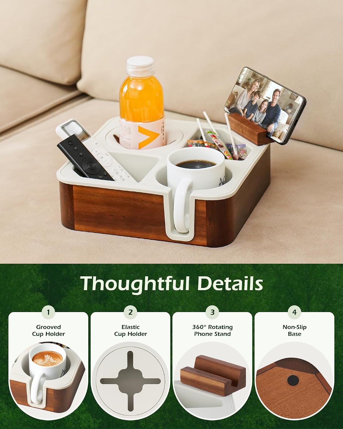 Couch Cup Holder Tray, Acacia Wood Couch Caddy With Cup Holder, Slotting Non-Slip Couch Organizer for Drinks, Snacks Remotes, Rounded Corners & Mug (Grey)