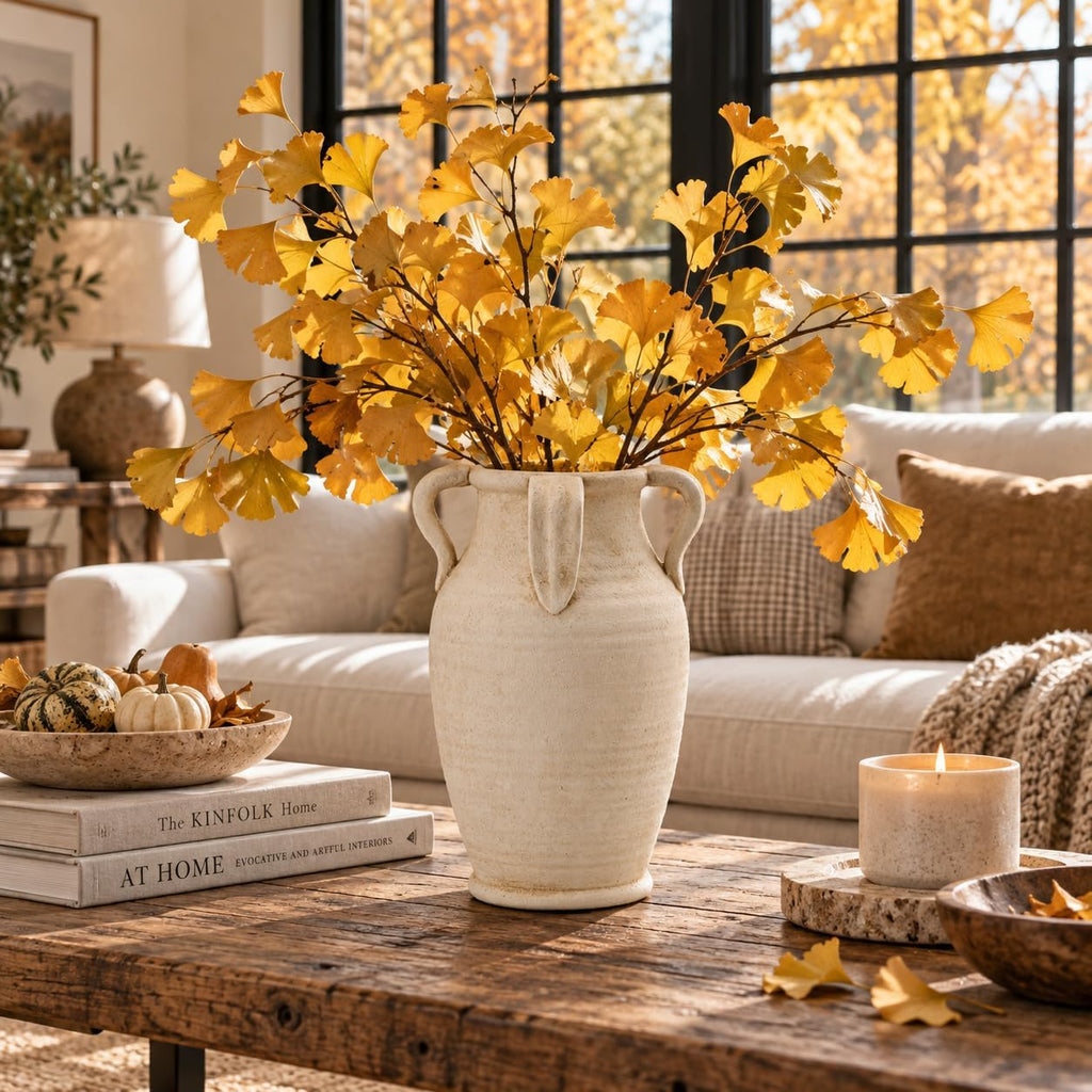 Emotionally Grounded Vase, Vaseking Large Ceramic Rustic Vase with 4 Handles, 10.83 inch Minimalist Decorative Farmhouse Tall Vases for Home Decor, Living Room, Enterway, Table Decoration, Fossil