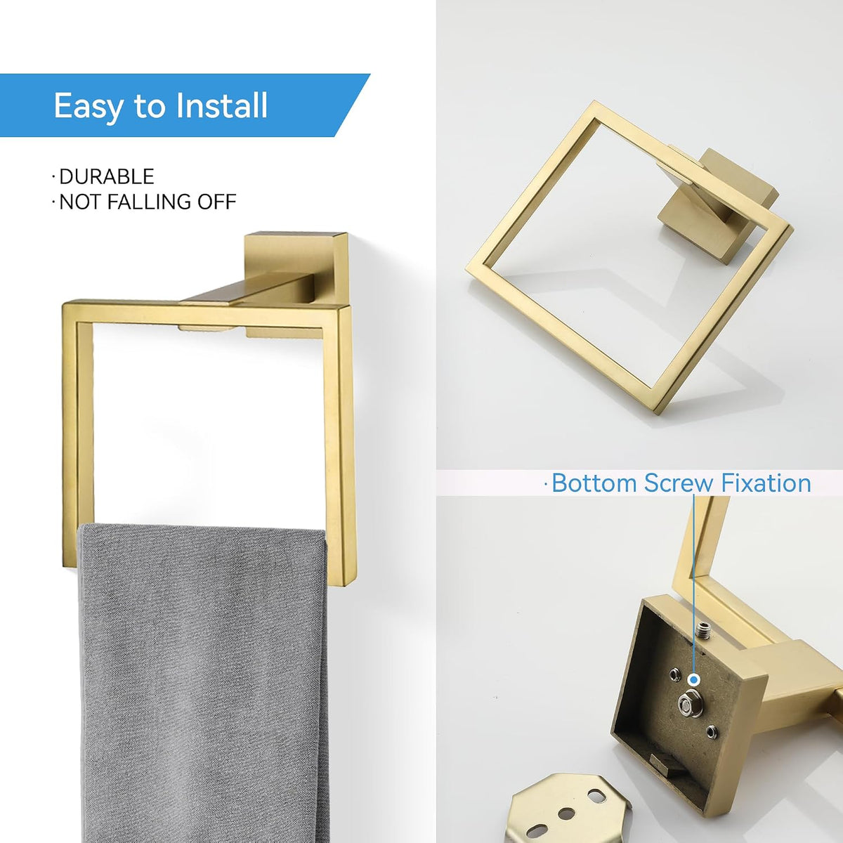 LANC Hand Towel Rings for Bathroom Wall Mount Brushed Gold Square Hand Towel Holder for Bath Kitchen Lavatory SUS304 Stainless Steel Contemporary Style Shower Towel Towel Racks Hanger, A8896BG
