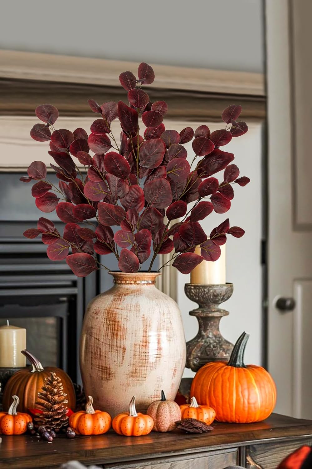 Hollyone 3Pcs Fall Eucalyptus Stems Artificial Eucalyptus Leaves Branches Fake Fall Flower Arrangements Red Leaf Long Stems Plants Autumn Faux Shrubs Bushes Thanksgiving Festival Decorations Burgundy