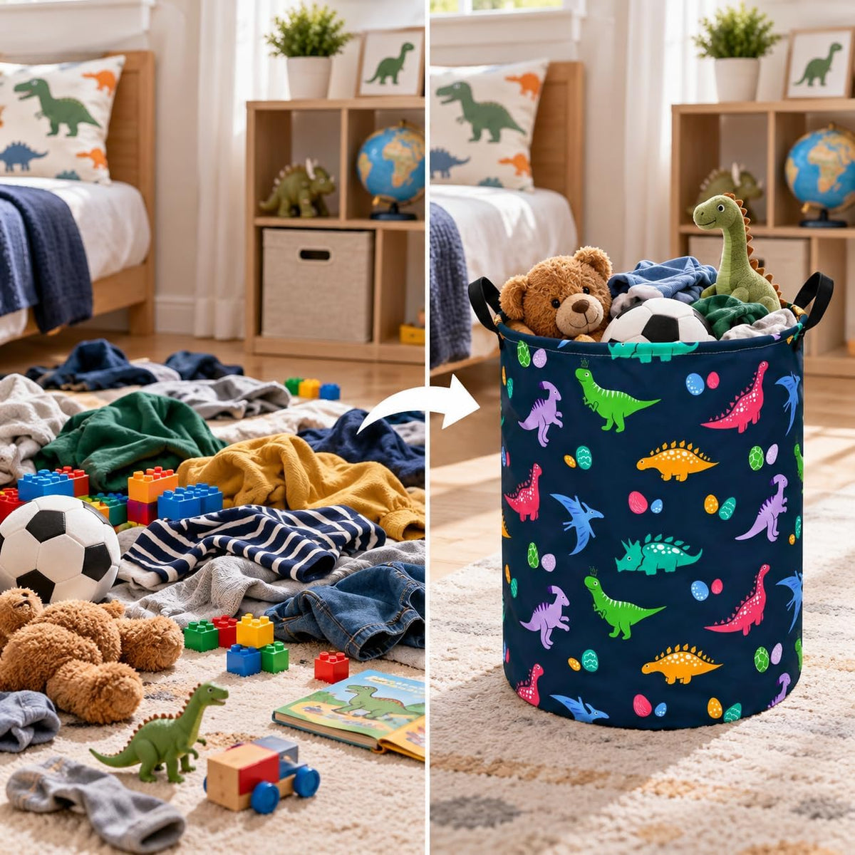 Dinosaur Laundry Basket, Round Foldable Clothes Hamper with Handles, Cotton Linen Blend Storage Bin with Dino Egg Print for Bedroom, Nursery, Playroom, College Dorm