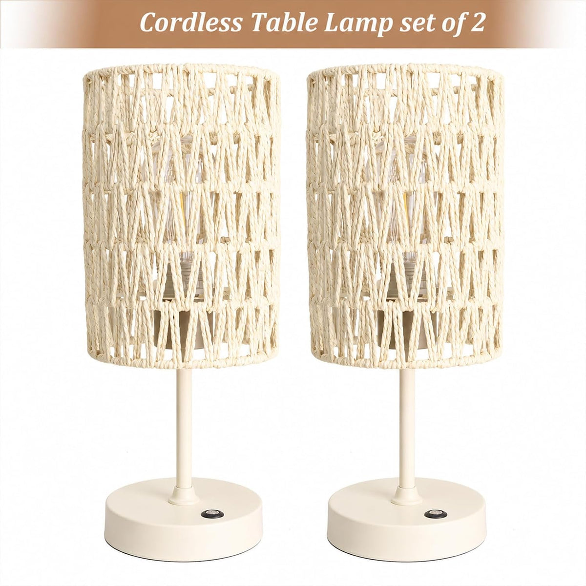 Boho Cordless Outdoor Table Lamps, Rechargeable Battery Operated Rattan Table Lamps, Stepless Dimmable, for Covered Patio, Porch, Gazebo, Living Room, Bedroom Decor- Set of 2 (Ivory White)