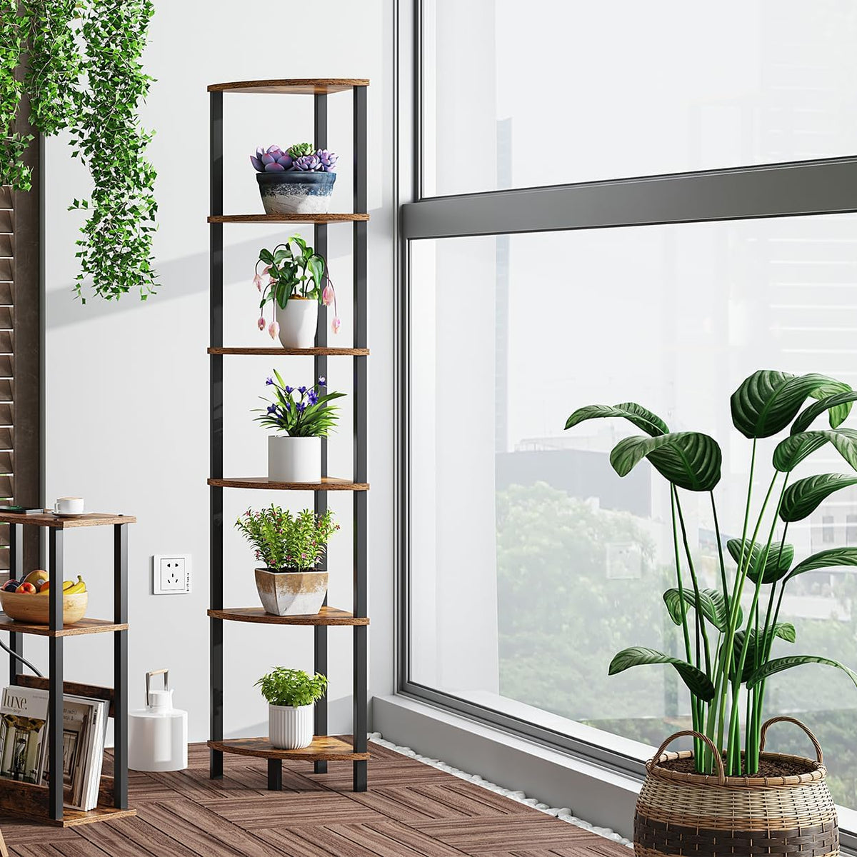 VIMBER Corner Shelf, 6-Tier Corner Bookshelf, Industrial Corner Ladder Shelf, DIY Storage Shelves, Rustic Display Shelf for Living Room, Bedroom, Kitchen, Home Office, Rustic Brown and Black UJSJ004F