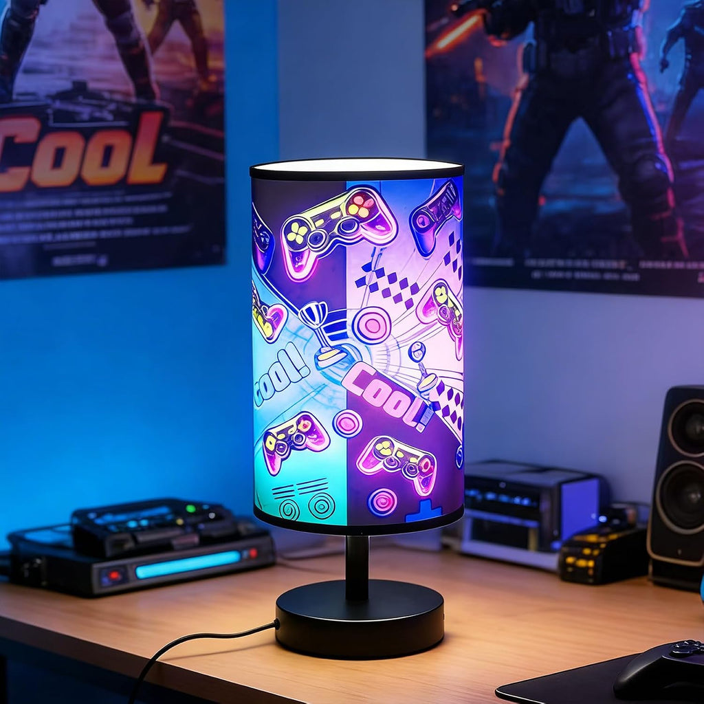 Gamer Room Decor for Boys, Gaming Lamp 3 Colors Nightstand Light, Round Base Flaxen Fabric Desk Lamp for Kids Room, Gaming Lamp Gift for Boys with LED Bulb Included