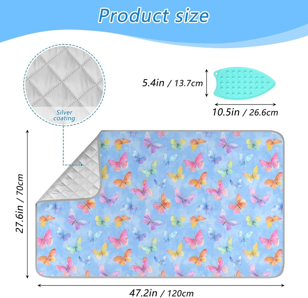 Ironing Mat Portable Ironing Pad Blanket with Silicone Iron Rest for Table Top Travel Heat Resistant Double-Side Using Large 47x28 Inch Foldable Colorful Watercolor Butterflies