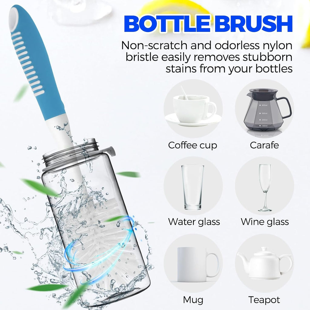 Holikme 6 Pack Dish Brush Set with Bottle Brush, Dish Scrub Brush,Blue