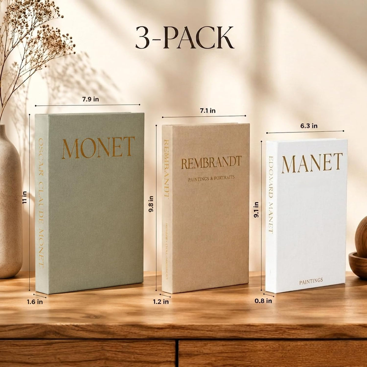 Beautiful Decorative Books, Set of 3 Linen Faux Book Boxes, Sage Fake Book Boxes with Hidden Storage Room for Photos & Keepsakes, Styling Decor for Coffee Tables, Shelves, & Mantels