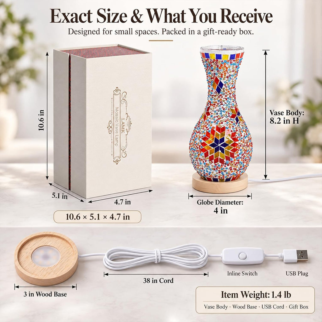 Mosaic Vase Lamp, Turkish Table Lamp with Wood Base, USB LED