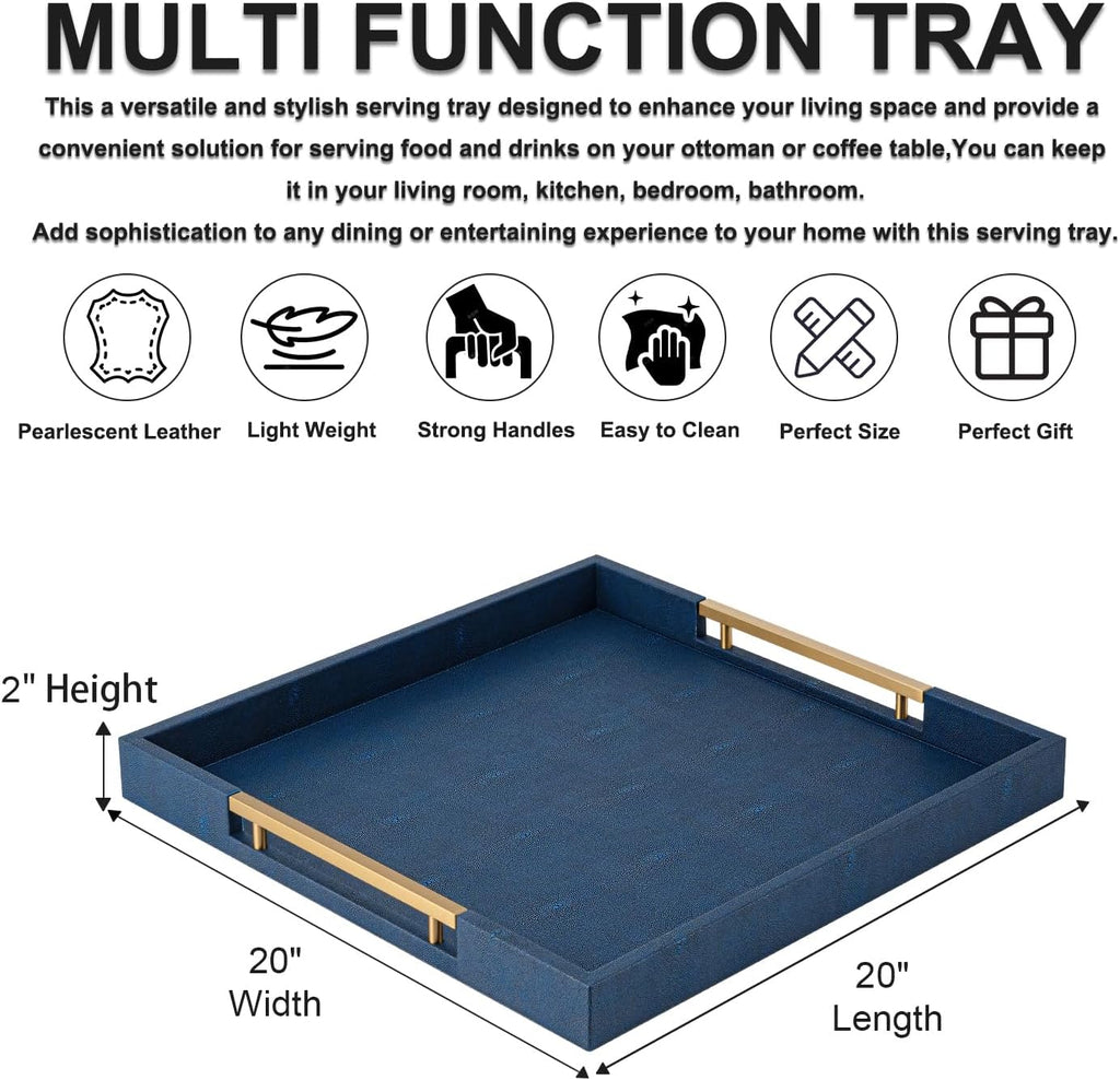Navy Blue Faux Leather Large Square Decorative Serving Tray with Handles – for Coffee Table, Ottoman, Living Room, Bathroom & Home Decor
