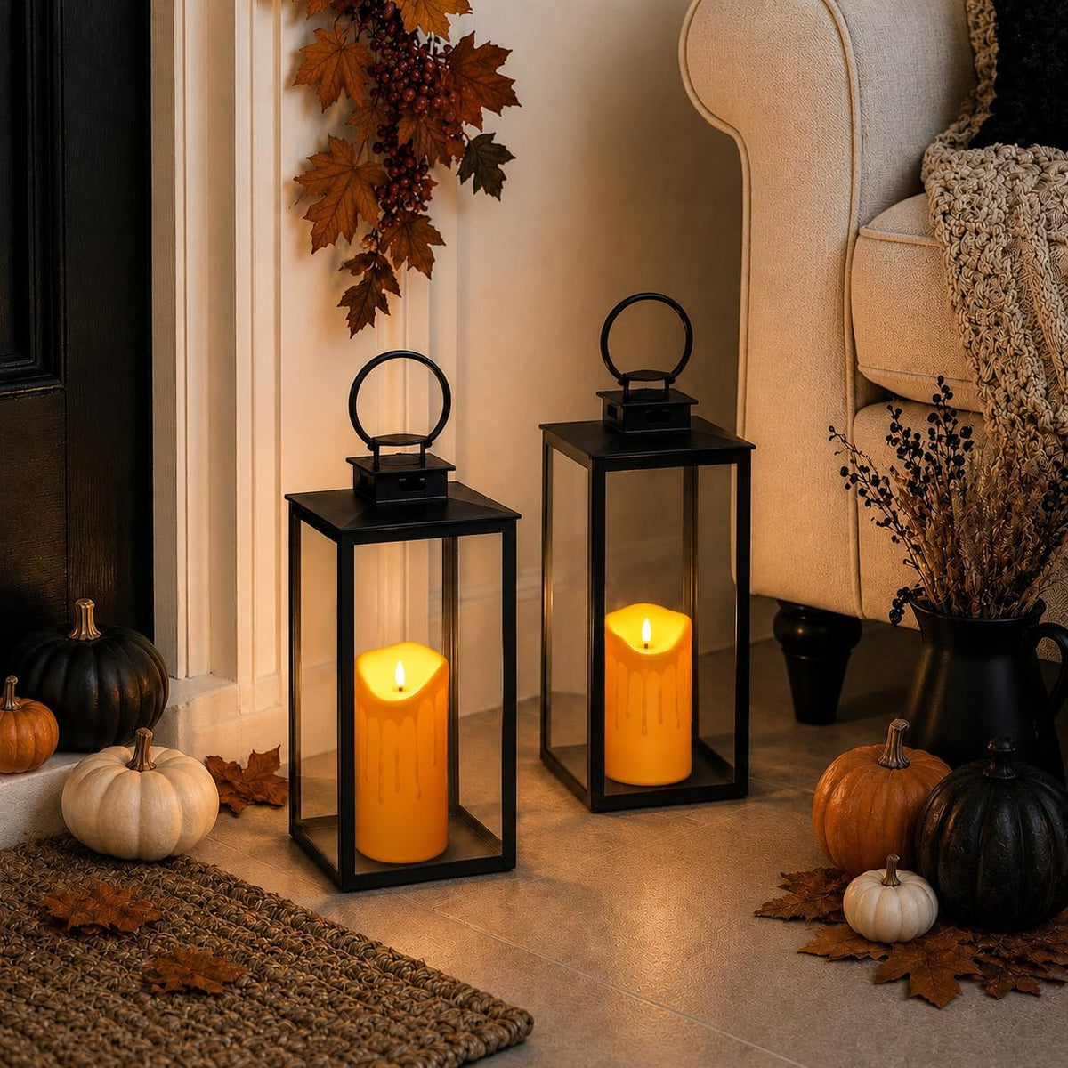 Orange Flameless Candles 5 Pack, Battery Operated Pillar Candles Fall Decor
