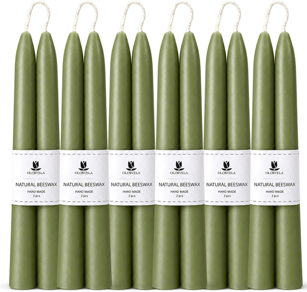 Green Beeswax Taper Candles,8" Long Candlestick,smokeless dripless unscented Natural Beeswax Candles.for Gift,Mother's Day (Green, 12 Pack)