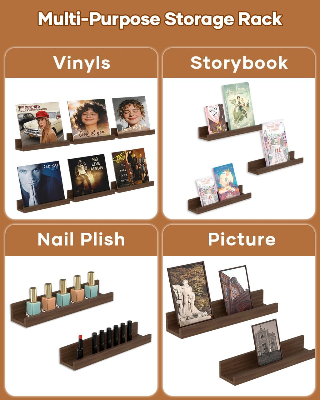 NEEKFOX Vinyl Record Shelf Wall Mount, 12 inch Album Record Holder Display Rack, 6 Pack Wood Floating Shelves for Wall Decor, Album Shelves, Kids Bookshelf, Magazine Rack