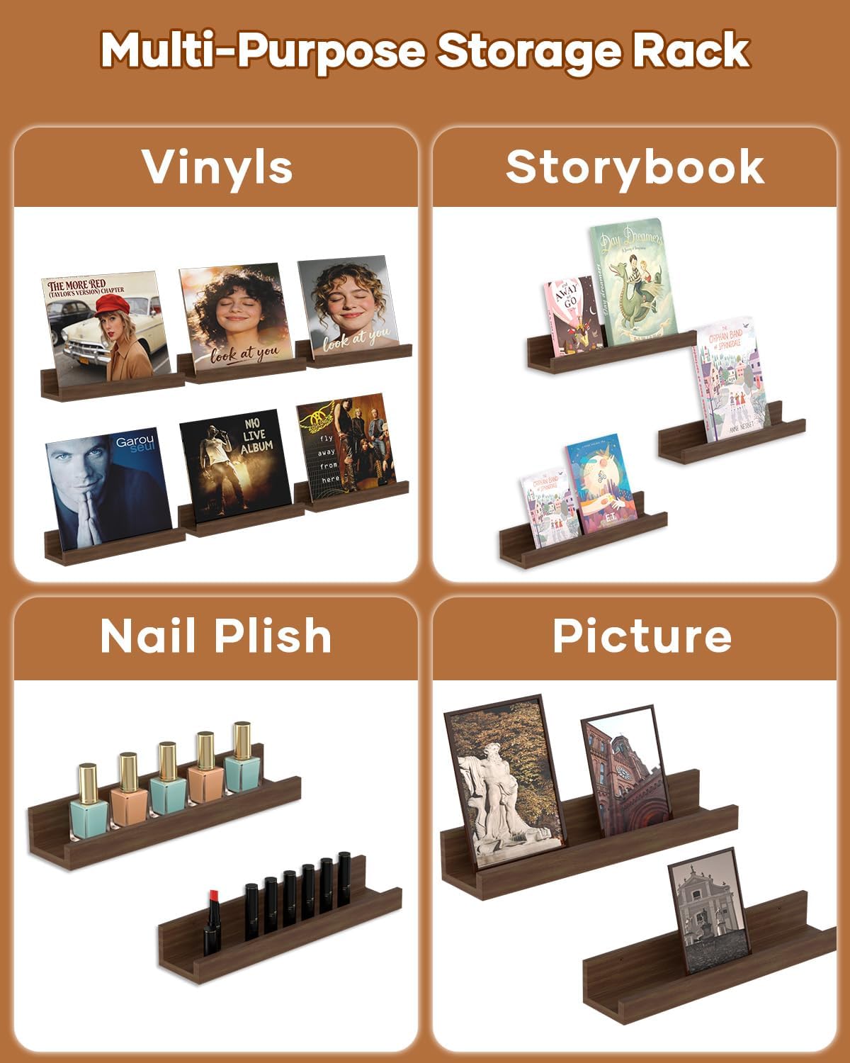 NEEKFOX Vinyl Record Shelf Wall Mount, 12 inch Album Record Holder Display Rack, 6 Pack Wood Floating Shelves for Wall Decor, Album Shelves, Kids Bookshelf, Magazine Rack