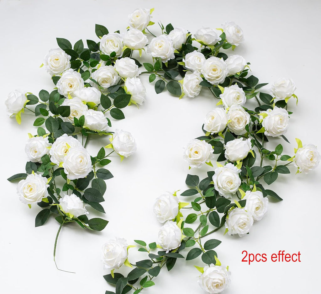 2Pcs 12Ft Bendable Flower Garland Faux Rose Vine for Wedding Decor,White