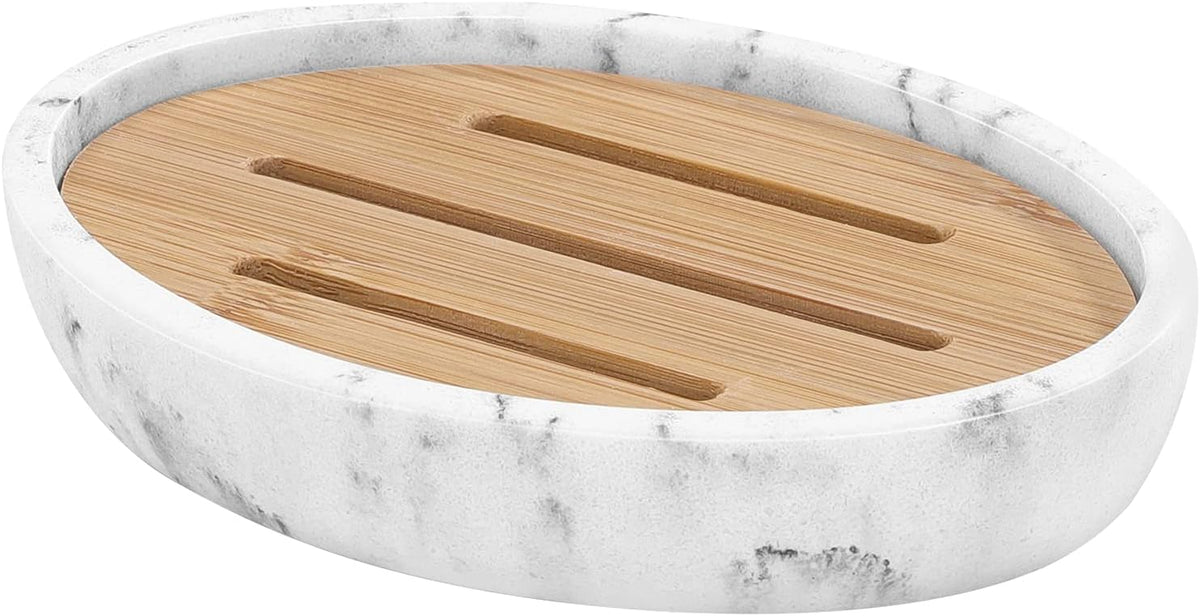 Luxspire Bamboo Soap Dish, Holder for Bathroom& countertop, Gravel White