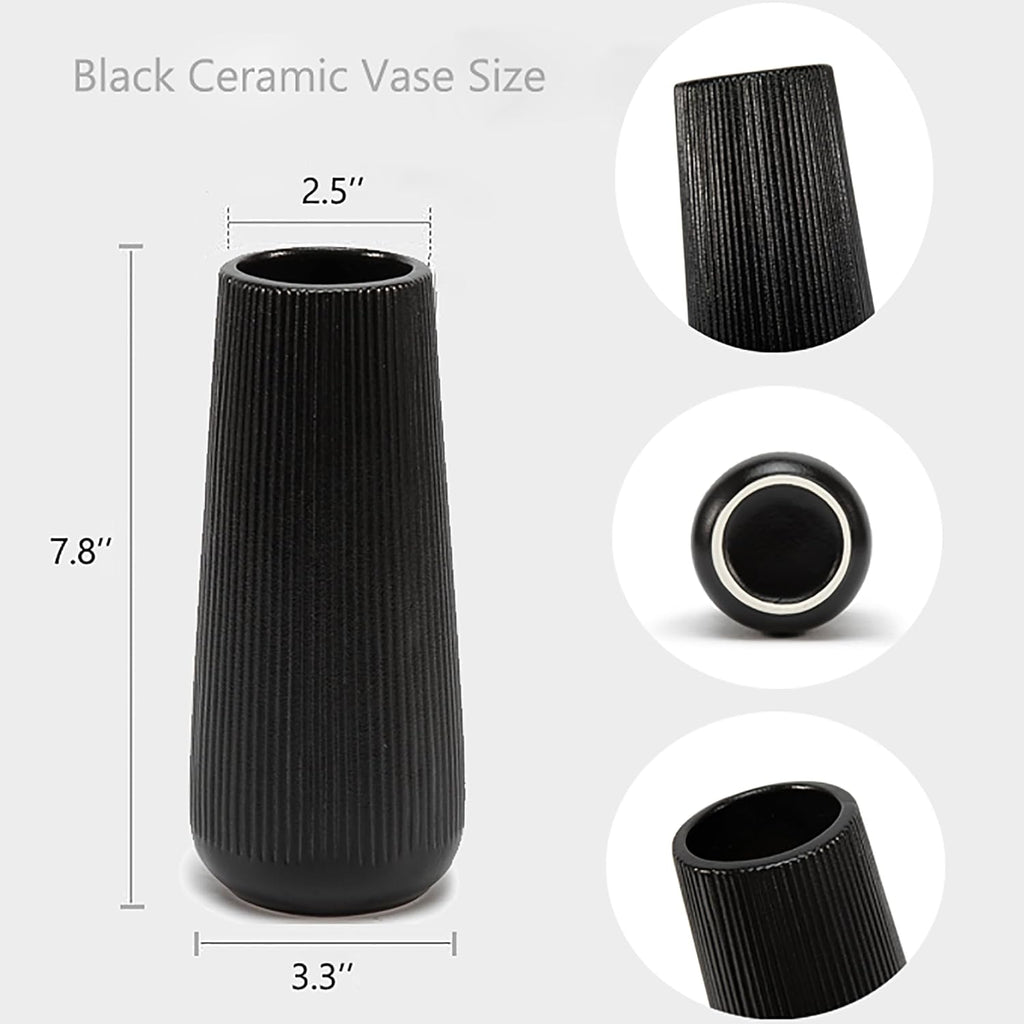7.8''H Ceramic Vase, Pampas Grass Vase, Ribbed Modern Decor, Matte Black