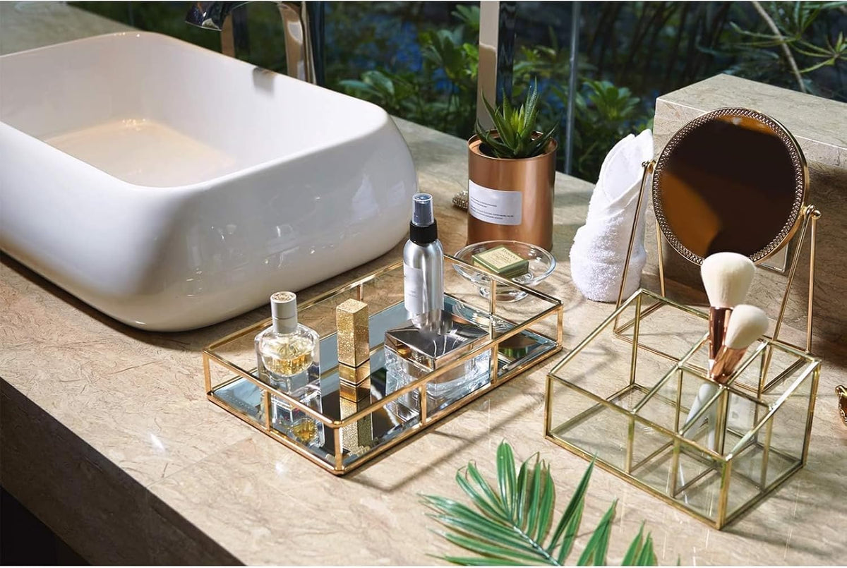PuTwo Tray Mirror Gold Dresser Ornate Metal Decorative Jewelry Organizer