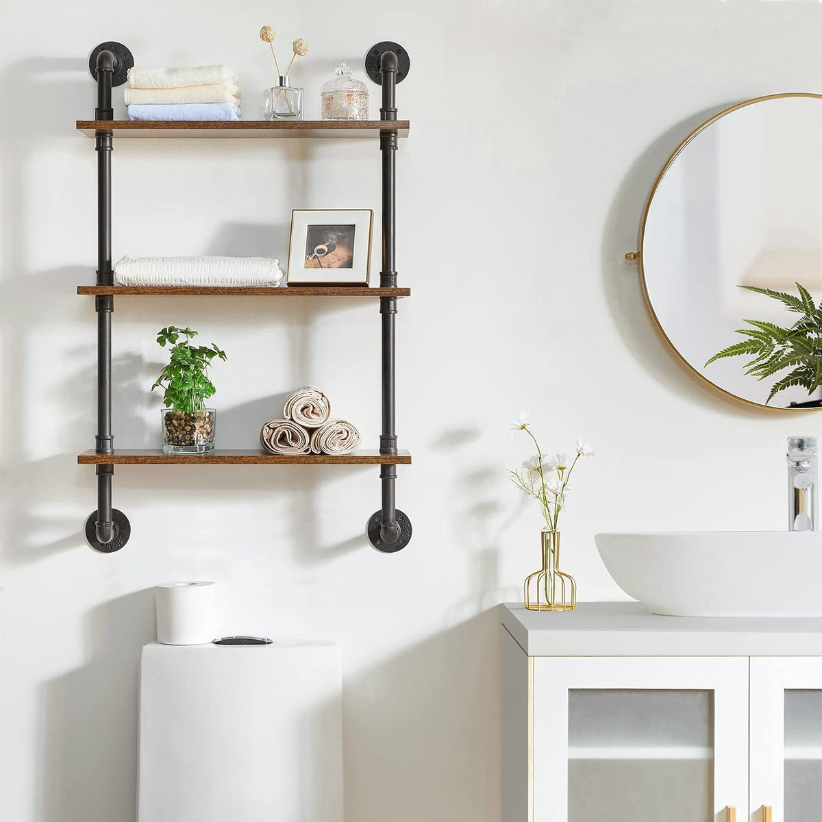 YMYNY 3 Tier Wall Mounted Floating Shelf 24x7.8x38.5 Rustic Brown HRF-TM003