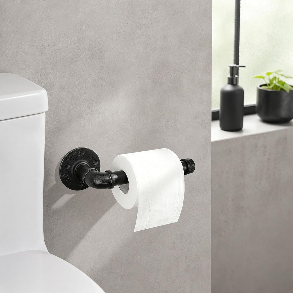 Industrial Pipe Toilet Paper Holder, Heavy Duty DIY Vintage Rustic Iron Farmhouse Style Roll Tissue Wall Mount Paper Holder Towel Racks with Hardware for Bathroom, Kitchen, Bedroom (1, Black)