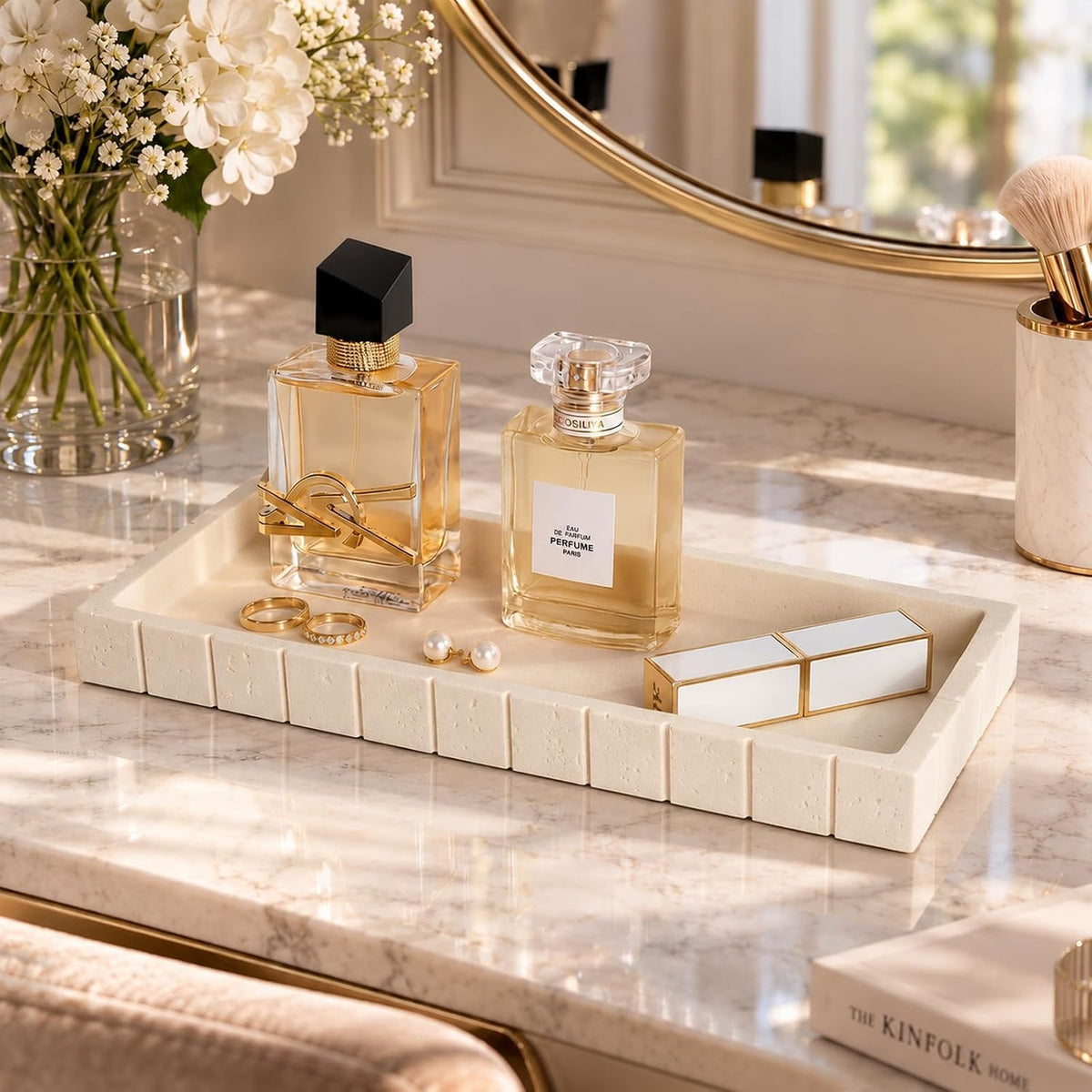 Decorative Bathroom Tray for Counter Stone Perfume Tray for Vanity, Beige