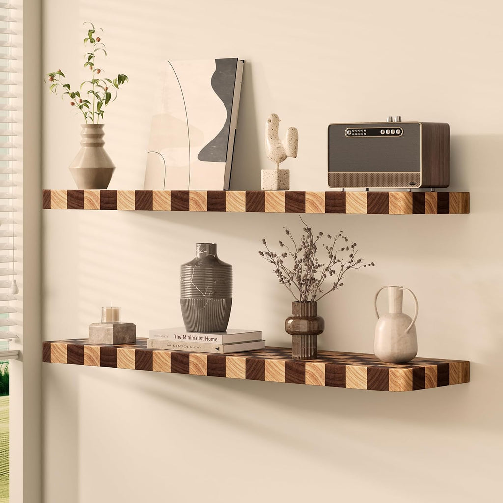 Floating Shelves for Wall, 24 Inch Solid Wood Checkered Wall Shelves
