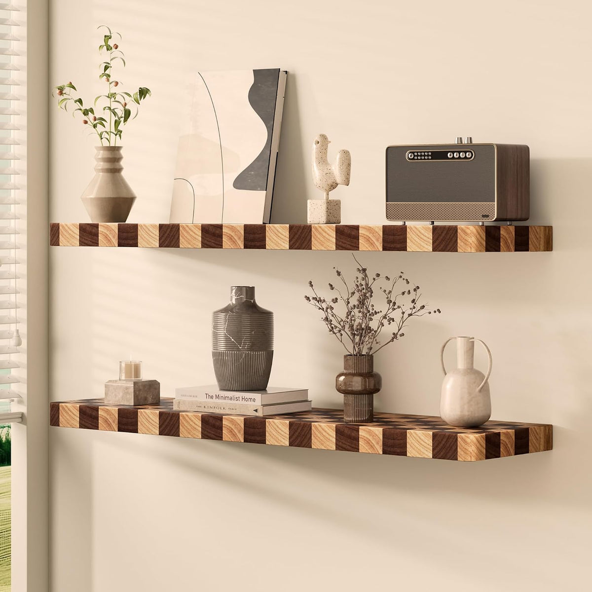 Floating Shelves for Wall, 24 Inch Solid Wood Checkered Wall Shelves